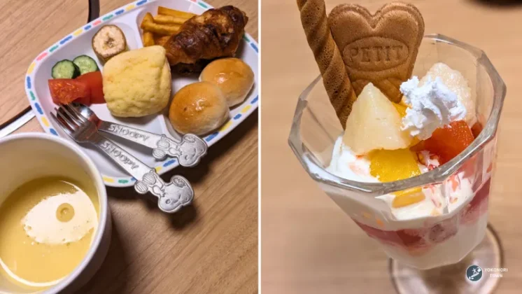 富良野スノーボード旅行の朝食で食べた「ホテルナトゥールヴァルト富良野の朝食ビュッフェ」のキッズプレートとスイーツ