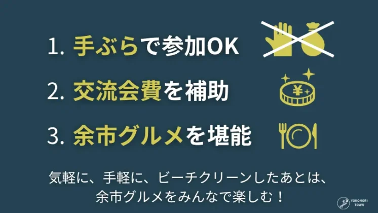 クリーンアドプロジェクトが行うビーチクリーン（ゴミ拾い）の3つの魅力（手ぶらOK、交流会費の補助、余市グルメを堪能）